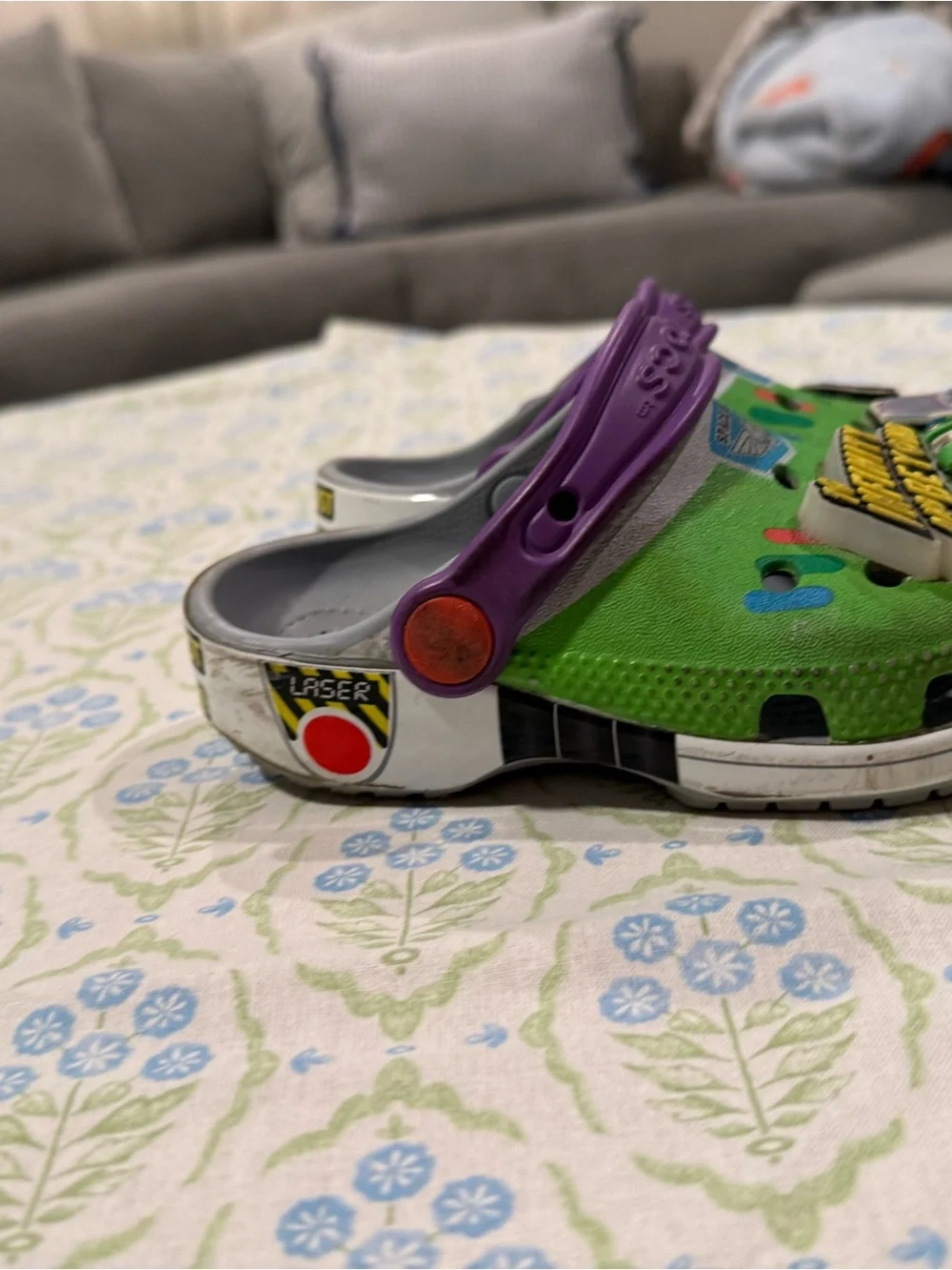 CROCS Kids Green Buzz Lightyear Clogs with Purple Heel Straps